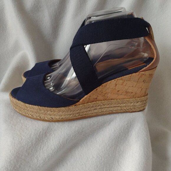 Tory Burch Natanya Wedge Espadrilles 9 Navy Blue Sandals w Elastic Ankle Straps - Picture 10 of 10